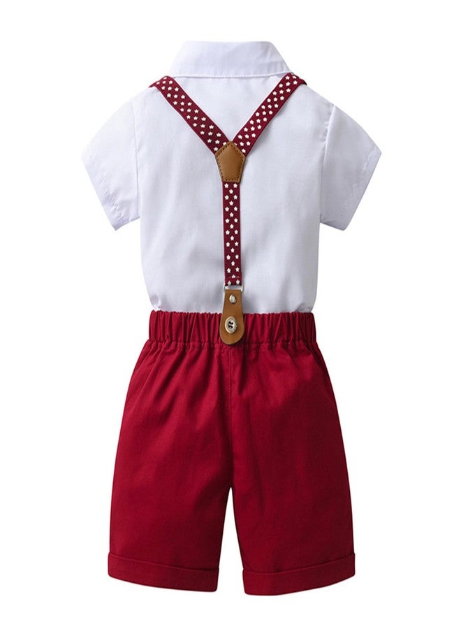 Mubineo Toddler Baby Boy Summer Clothes Overall Shorts Outfits Short Sleeve Button Down Shirt Overalls Kids Dress Suit (White Red, 6-12 Months) - Image 3