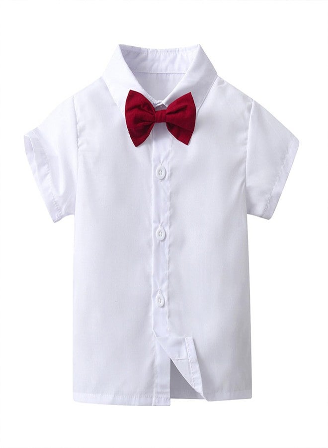Mubineo Toddler Baby Boy Summer Clothes Overall Shorts Outfits Short Sleeve Button Down Shirt Overalls Kids Dress Suit (White Red, 6-12 Months) - Image 4