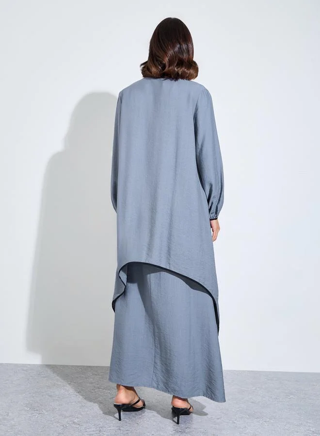 Styli  Grey Solid Asymmetric Hem Abaya and Dress Modest Set for Women | Best Price UAE