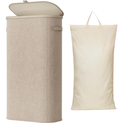 Lifewit Slim Laundry Basket with Lid Narrow Large Laundry Hamper with Plastic Handles and Removable Bag Tall Foldable Dirty Clothes Hampers for Laundry Room Bedroom Bathroom Dorm 75L Beige - Image 1