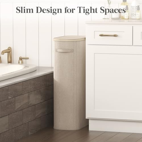 Lifewit Slim Laundry Basket with Lid Narrow Large Laundry Hamper with Plastic Handles and Removable Bag Tall Foldable Dirty Clothes Hampers for Laundry Room Bedroom Bathroom Dorm 75L Beige - Image 3