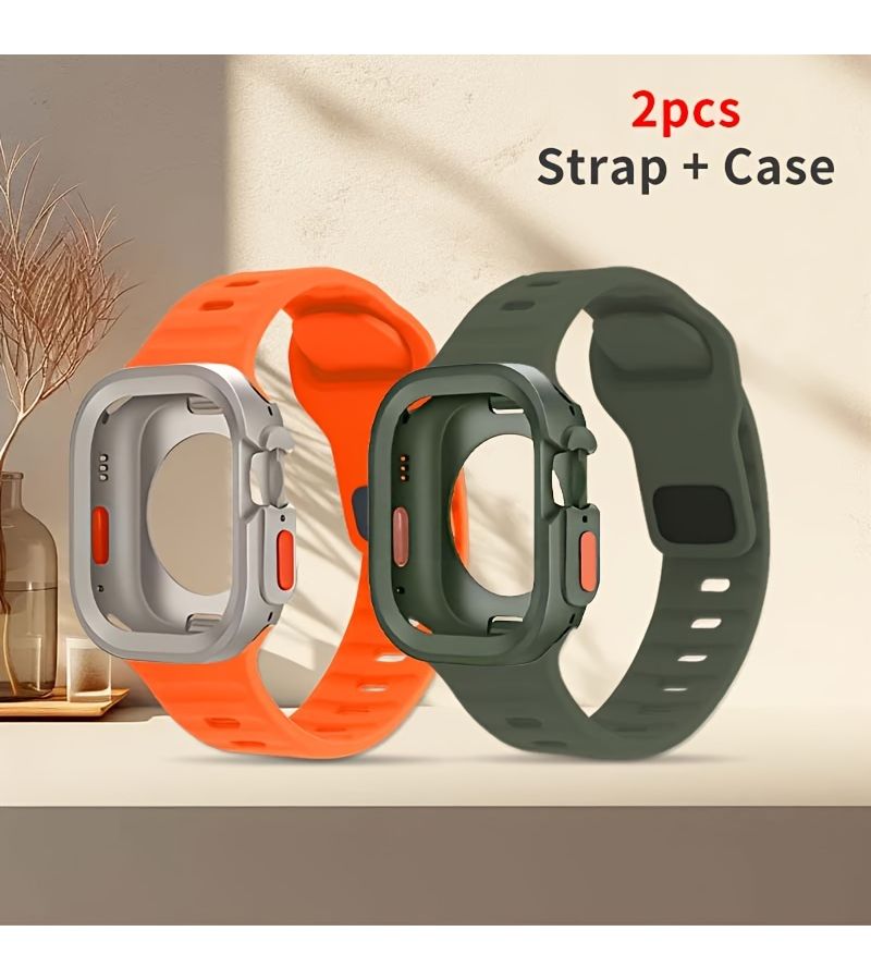 Orange TPU Thick Case And Silicone Strap Set For Apple Watch 49mm Anti Slip Sport Yoga Breathable Hollow Cover - Image 1