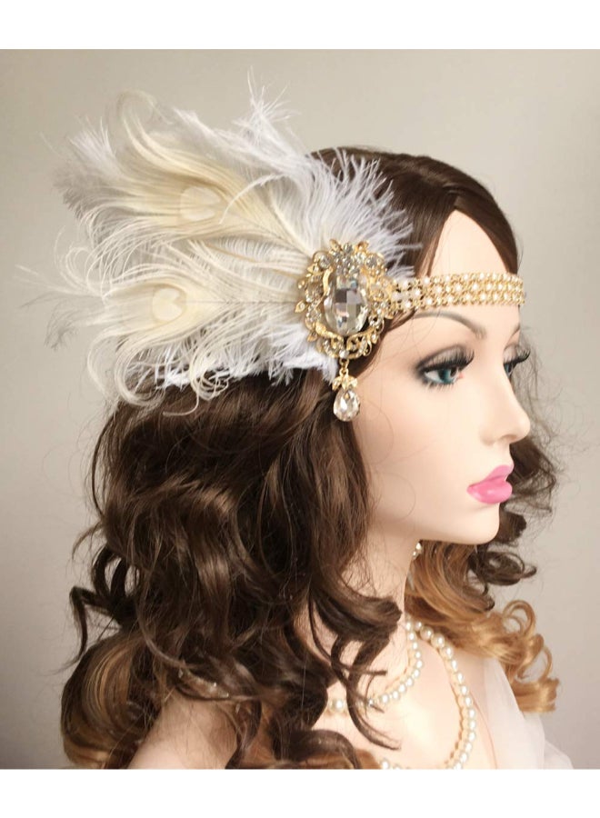 Chmier Bridal 1920s Flapper Feather Headband with Crystal Pearl Head Chain White Feather Roaring 20s Headpiece Prom Party Festival Hair Jewelry for Women - Image 4