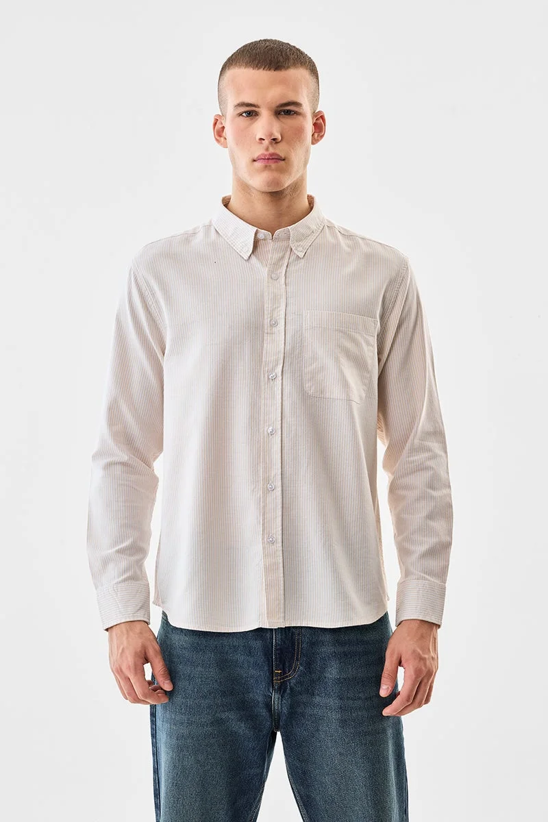 سنيتش Beige Striped Long Sleeve Regular Fit Shirt