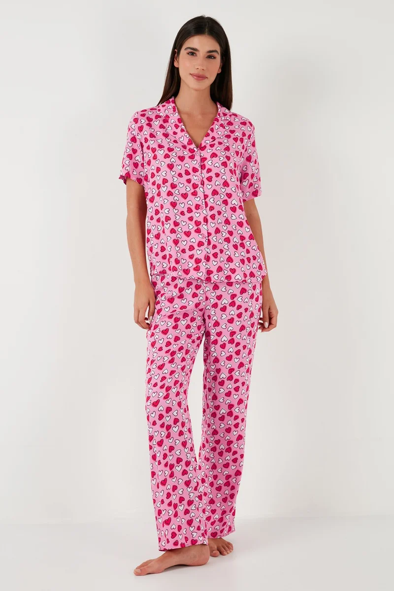Lela Comfortable Cut Wide Leg Mono Collar Short Sleeve Pajama Set Women's Pajama Set 6110290