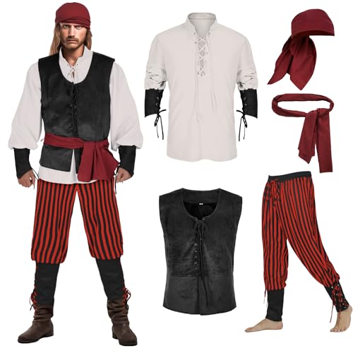 IWQBQ Men's Pirate Costume 5 Pcs Medieval Renaissance Outfits Halloween Viking Set(Z3601BK,S) - Image 1