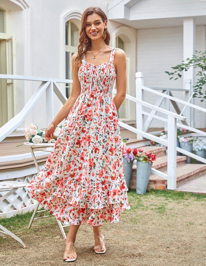 GRACE KARIN Women's 2026 Summer Floral Boho Dress Square Neck Strapped Swing A Line Sundress Beach Long Maxi Outfits Pink Floral XL - Image 3