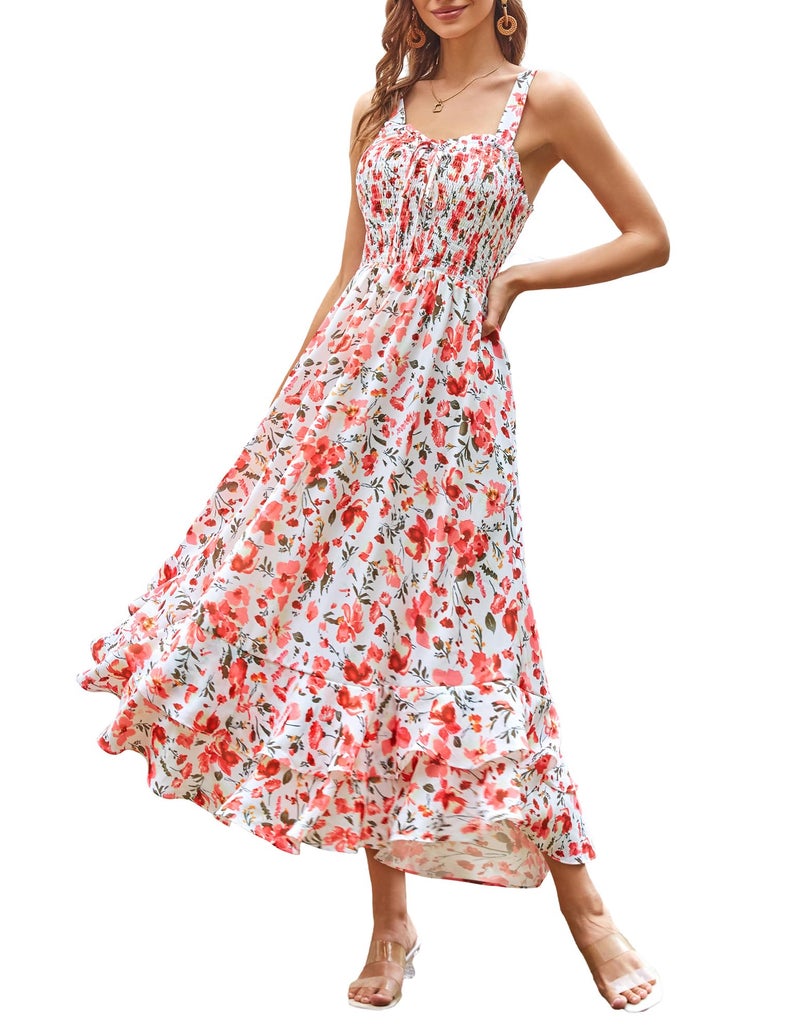 GRACE KARIN Women's 2026 Summer Floral Boho Dress Square Neck Strapped Swing A Line Sundress Beach Long Maxi Outfits Pink Floral XL - Image 1