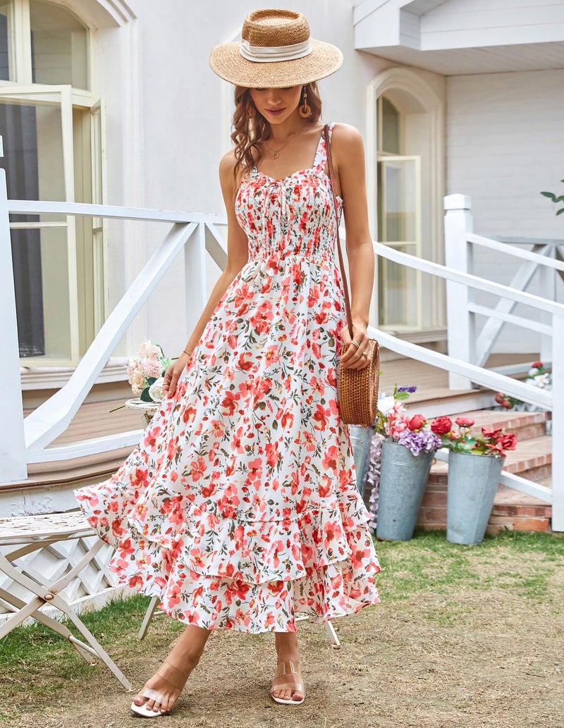 GRACE KARIN Women's 2026 Summer Floral Boho Dress Square Neck Strapped Swing A Line Sundress Beach Long Maxi Outfits Pink Floral XL - Image 2