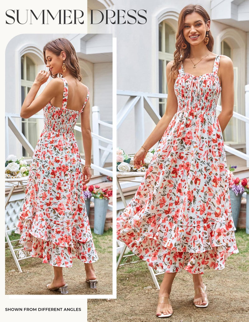 GRACE KARIN Women's 2026 Summer Floral Boho Dress Square Neck Strapped Swing A Line Sundress Beach Long Maxi Outfits Pink Floral XL - Image 4