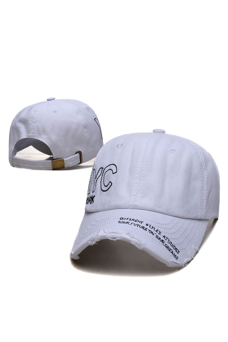 NYC White Distressed Baseball Cap with "NYC" Embroidery and Inspirational Text