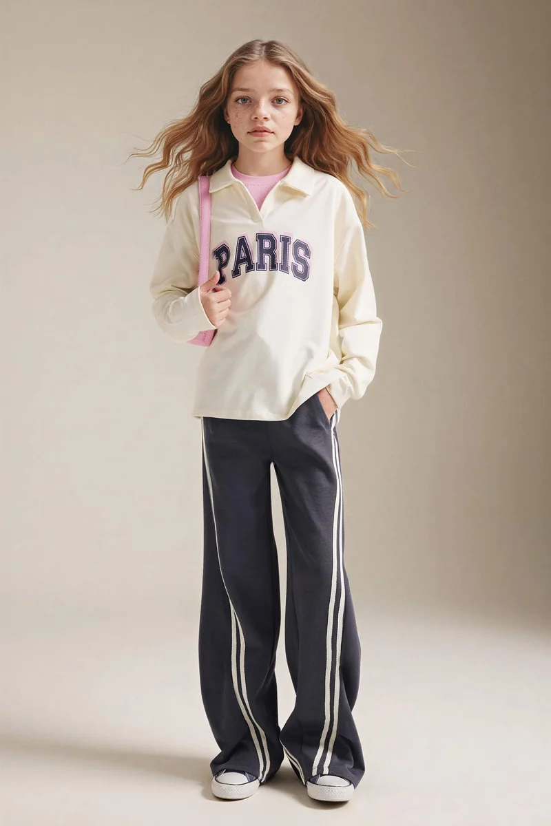 ديفاكتو Girl Puff Print Long Sleeve Polo T-Shirt