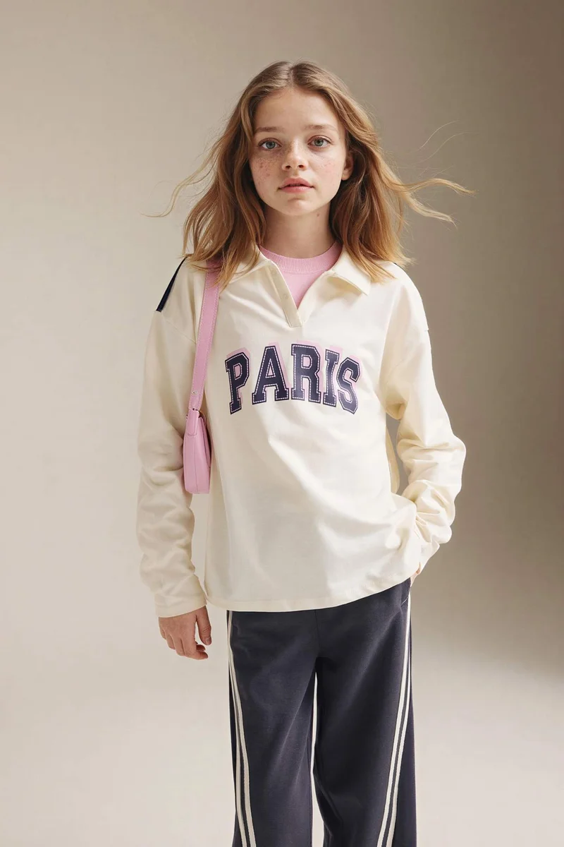 ديفاكتو Girl Puff Print Long Sleeve Polo T-Shirt