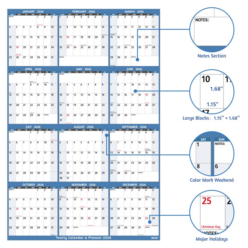 BowCuk 2026 Yearly Wall Calendar - Large Yearly Calendar 2026, Jan 2026 - Dec 2026, 25.2" x 38.2" (Open), 2026 Calendar, Large Wall Calendar 2026, Full Year Paper with Notes, Thicker Paper - Light blue - Image 3