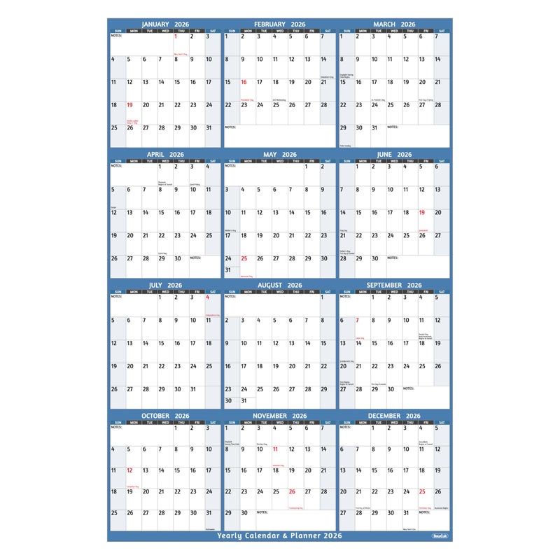 BowCuk 2026 Yearly Wall Calendar - Large Yearly Calendar 2026, Jan 2026 - Dec 2026, 25.2" x 38.2" (Open), 2026 Calendar, Large Wall Calendar 2026, Full Year Paper with Notes, Thicker Paper - Light blue - Image 1