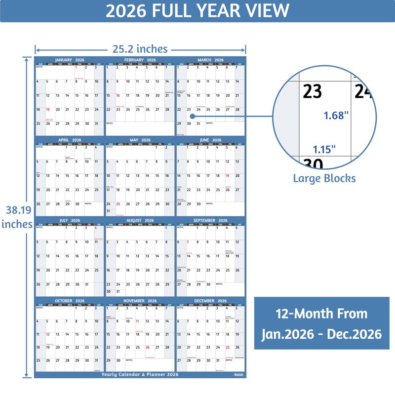 BowCuk 2026 Yearly Wall Calendar - Large Yearly Calendar 2026, Jan 2026 - Dec 2026, 25.2" x 38.2" (Open), 2026 Calendar, Large Wall Calendar 2026, Full Year Paper with Notes, Thicker Paper - Light blue - Image 4