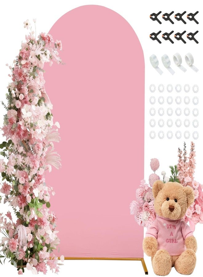 Dexpinzo 7.2FT Wedding Arch Cover, Pink Spandex Fitted Wedding Arch Stand Cover Round Top Chiara Arch Backdrop Cover with Balloon Tie Tool for Baby Shower Gender Reveal Birthday Party Arch Decorations - Image 1