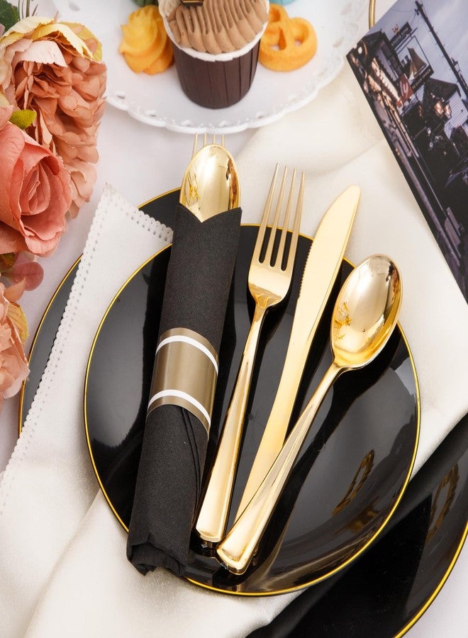 Supernal 60 Pack Gold Silverware, Rolled, Pre Wrapped with Black Napkins, Heavy Duty Plastic Cutlery, Forks and Spoons - Image 3