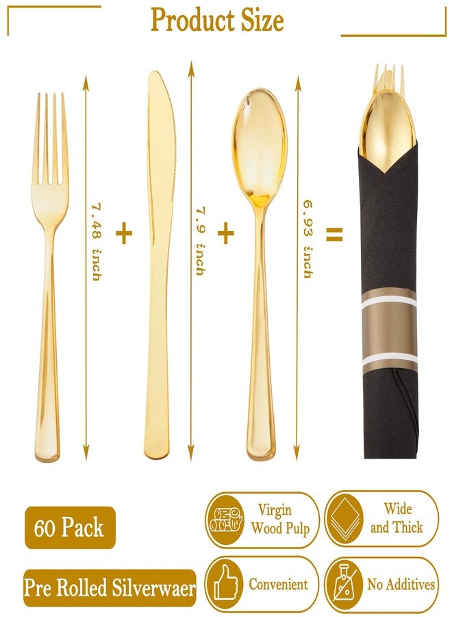 Supernal 60 Pack Gold Silverware, Rolled, Pre Wrapped with Black Napkins, Heavy Duty Plastic Cutlery, Forks and Spoons - Image 2