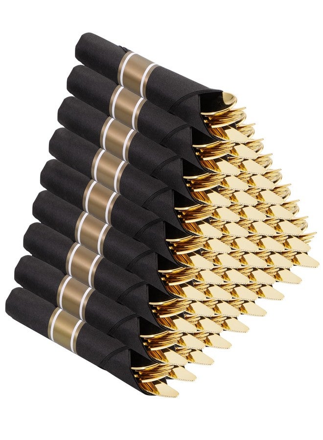 Supernal 60 Pack Gold Silverware, Rolled, Pre Wrapped with Black Napkins, Heavy Duty Plastic Cutlery, Forks and Spoons - Image 1
