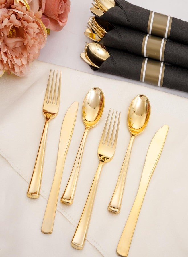 Supernal 60 Pack Gold Silverware, Rolled, Pre Wrapped with Black Napkins, Heavy Duty Plastic Cutlery, Forks and Spoons - Image 4