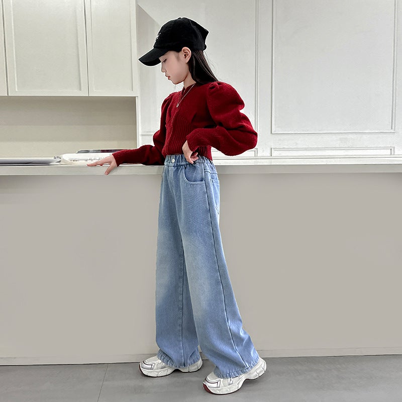 Girl'S Pants Western Style Children'S Narrow Straight Jeans Big Boy Girl'S Casual Wide Leg Pants - Image 5