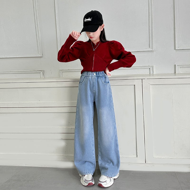 Girl'S Pants Western Style Children'S Narrow Straight Jeans Big Boy Girl'S Casual Wide Leg Pants - Image 3
