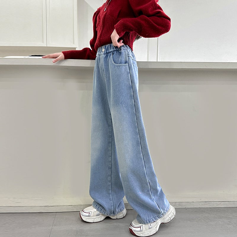 Girl'S Pants Western Style Children'S Narrow Straight Jeans Big Boy Girl'S Casual Wide Leg Pants - Image 1