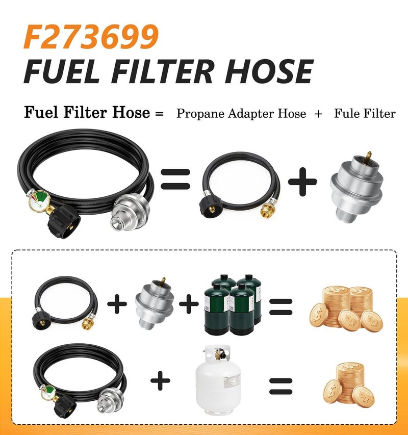 NUPICK Propane Fuel Filter F273699 With Hoseï¼Œ6FT Propane Hose with Gauge for Mr.heater Buddy and Big Buddy,Connect to 5-40 Lb Propane Tanks - Image 3