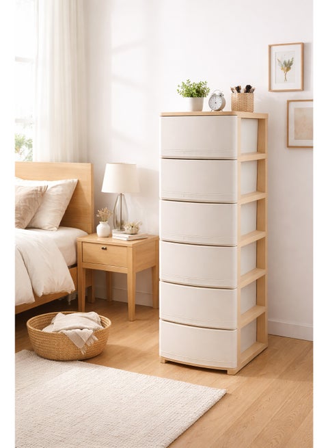 Chest of 6 Drawers White/Beige 42×34×124 cm