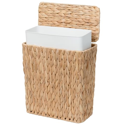 Coeusy 3 Gallon Wicker Trash Can,Small Bathroom Trash Can with Lid,Natural Water Hyacinth Wicker Waste Basket for Bedroom,Toilet,Narrow Garbage Can with Removable Liner - Image 1