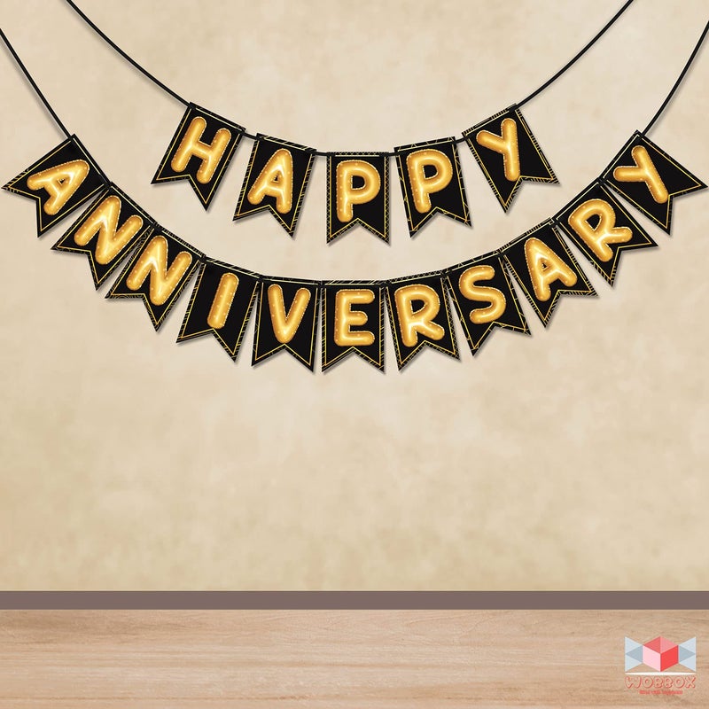 Wobbox Happy Anniversary Black Star Golden Balloon Font Bunting Banner Anniversary Decoration for Home Happy Anniversary Decoration Item Marriage Anniversary Decoration Item - Image 1