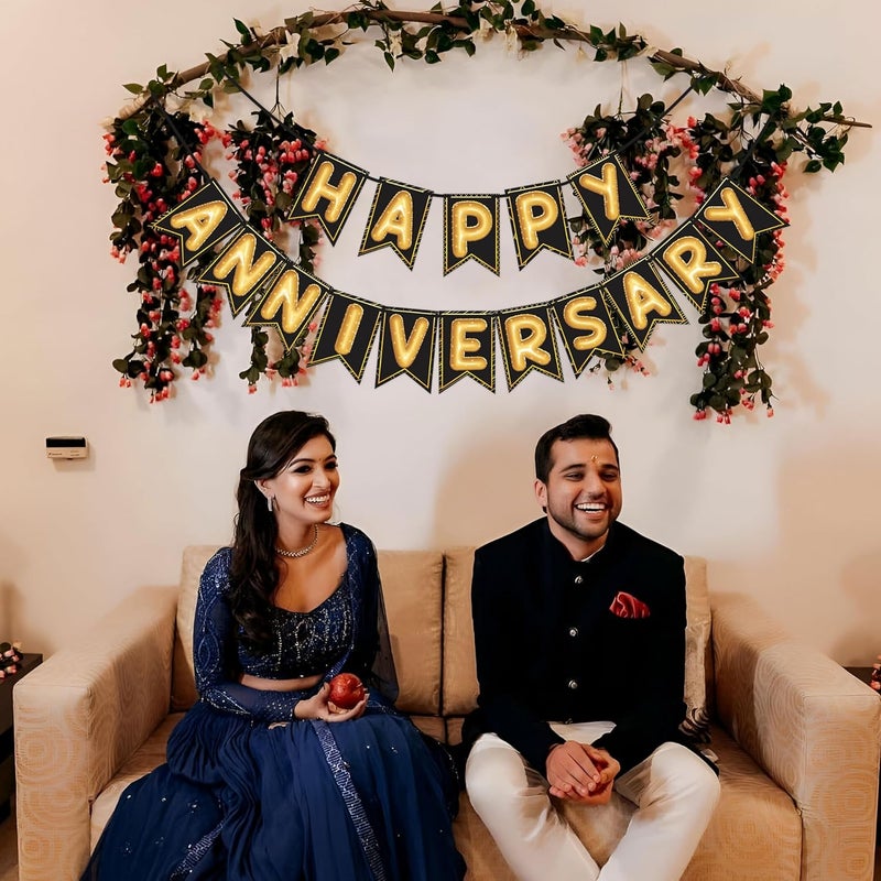 Wobbox Happy Anniversary Black Star Golden Balloon Font Bunting Banner Anniversary Decoration for Home Happy Anniversary Decoration Item Marriage Anniversary Decoration Item - Image 5