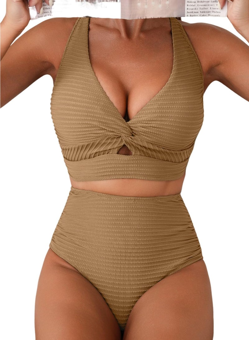 Herseas 2 Piece Bikini Set for Women Swimsuits High Waisted Full Coverage Bathing Suits Textured Tropical Swimwear Cute Beach Vacation Essentials Light French Beige Medium - Image 1