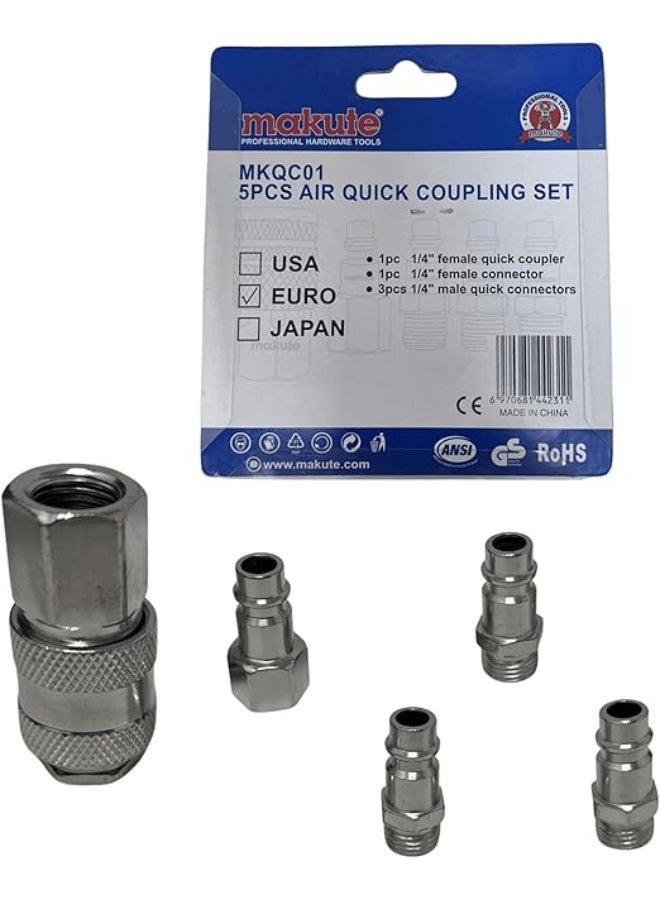 ماكيوت مجموعة وصلات هوائية سريعة من ماكوتي MKQC01، مكونة من 5 قطع، وصلات هوائية مقاس 1/4 بوصة - وصلة سريعة أنثى، موصل أنثى، موصلات سريعة ذكر لضاغط الهواء والخراطيم والأدوات - متوافقة مع الطراز الأوروبي - Image 1