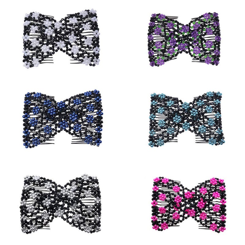 LOVEF 6 Pcs Effortless Beauty Stretchable Double Combs Upzing Medium Magic Beaded Double Hair Clips Hair Jewelry Assorted Color and Design