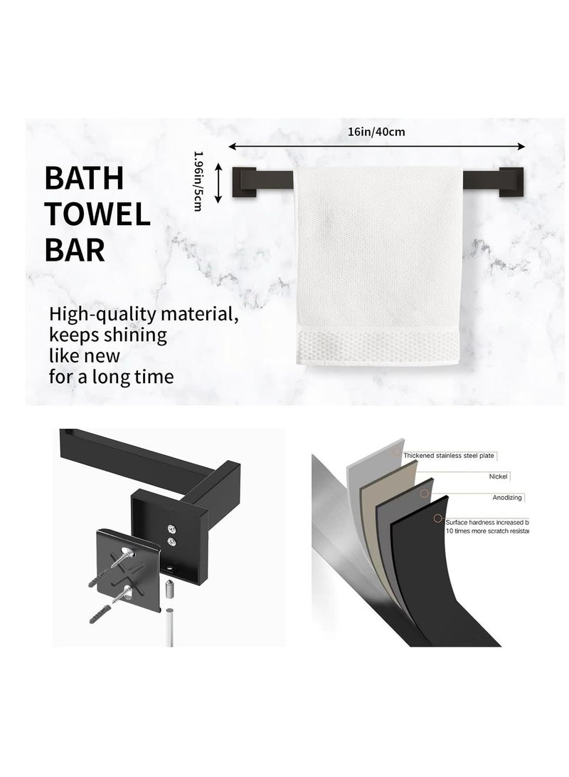 Bathroom Accessory Towel Bar Set: 5 Pieces Matte Black Bathroom Hardware Square SUS304 Stainless Steel - Wall Mounted Towel Rack&Toilet Paper Holder&Towel Ring and Robe Hooks - Image 2