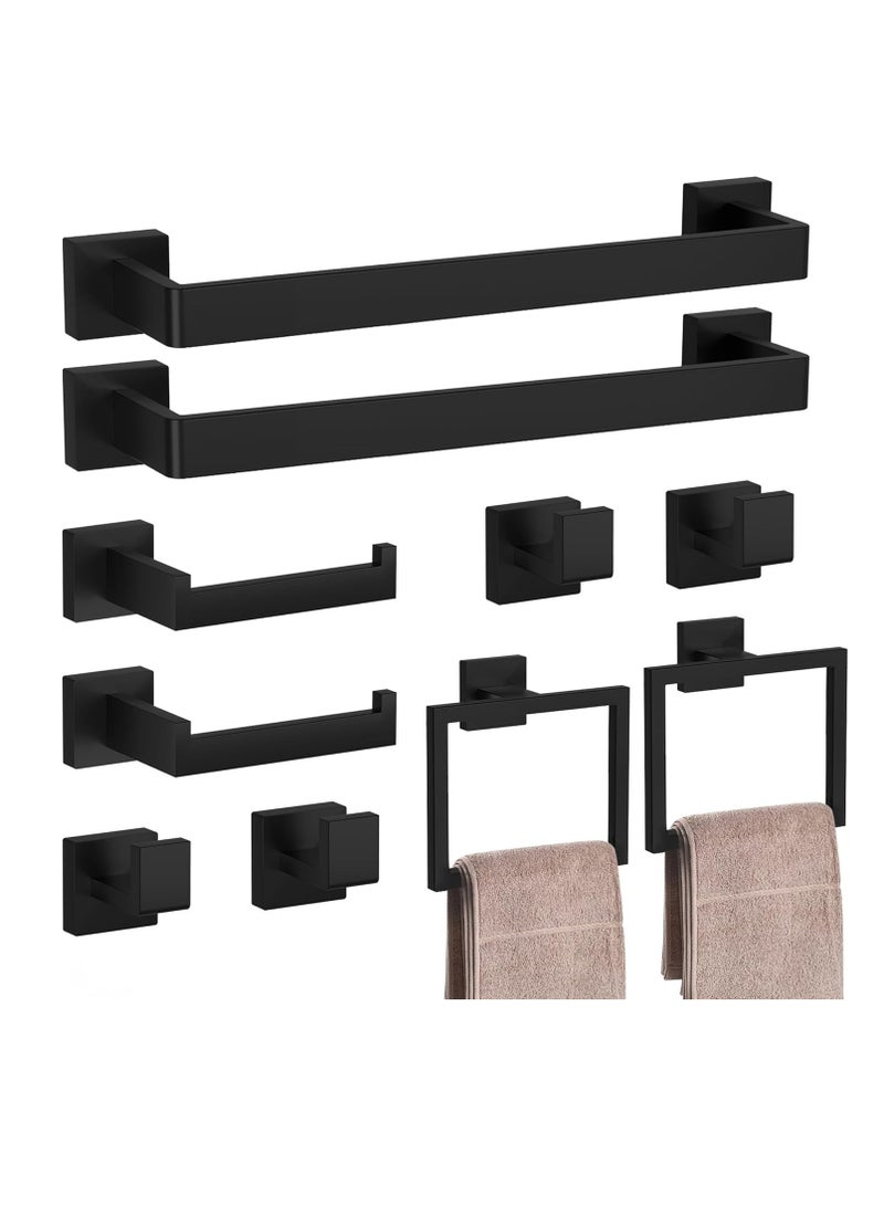 Bathroom Accessory Towel Bar Set: 5 Pieces Matte Black Bathroom Hardware Square SUS304 Stainless Steel - Wall Mounted Towel Rack&Toilet Paper Holder&Towel Ring and Robe Hooks - Image 1