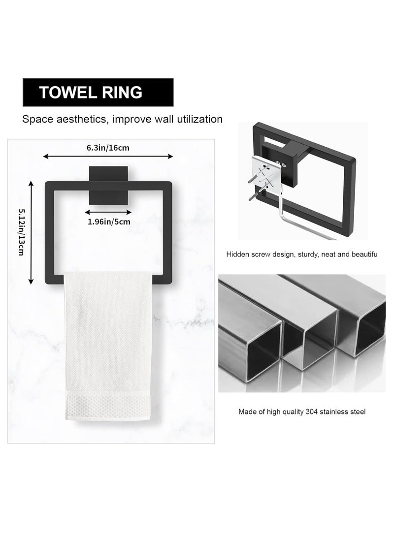 Bathroom Accessory Towel Bar Set: 5 Pieces Matte Black Bathroom Hardware Square SUS304 Stainless Steel - Wall Mounted Towel Rack&Toilet Paper Holder&Towel Ring and Robe Hooks - Image 3