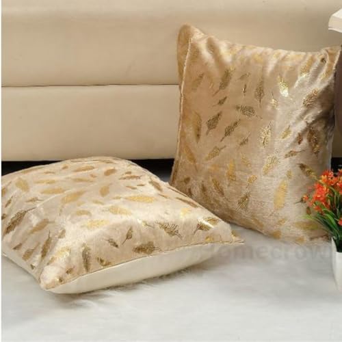 HOMECROWN Velvet Cushion Covers 16x16 Inch – Set of 2 Pcs, Golden Feather Print, Soft Faux Fur Decorative Throw Pillow Covers for Sofa, Couch, Bed, Living Room (Beige) - Image 1