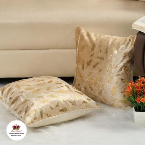HOMECROWN Velvet Cushion Covers 16x16 Inch – Set of 2 Pcs, Golden Feather Print, Soft Faux Fur Decorative Throw Pillow Covers for Sofa, Couch, Bed, Living Room (Beige) - Image 2