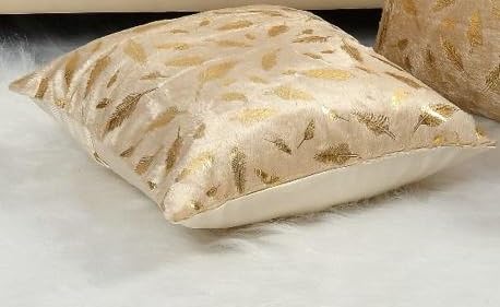 HOMECROWN Velvet Cushion Covers 16x16 Inch – Set of 2 Pcs, Golden Feather Print, Soft Faux Fur Decorative Throw Pillow Covers for Sofa, Couch, Bed, Living Room (Beige) - Image 3