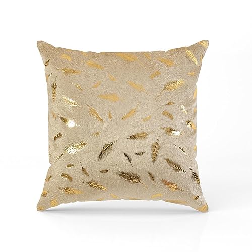 HOMECROWN Velvet Cushion Covers 16x16 Inch – Set of 2 Pcs, Golden Feather Print, Soft Faux Fur Decorative Throw Pillow Covers for Sofa, Couch, Bed, Living Room (Beige) - Image 4
