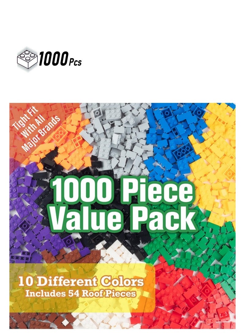 SCS Direct Building Block Bricks Set Of 1000 Pc Bulk Set10 With 54 Roof Pieces Compatible & Tight Fit With All Major Brands Great For Activity Tables Creativity & School Projects  - Image 1