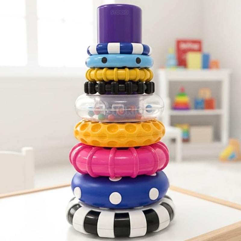 Storio Stacks of Circles Stacking Ring Toy for Babies 6+ Months | 9-Piece Multi-Color STEM Learning | Educational Baby Toy for Fine Motor Skills | Textured Rings with Sound Beads | Montessori Learning - Image 4