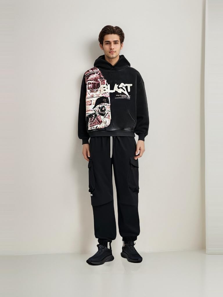 Obenie Retro Y2K Hoodie Gothic Casual Alphabet Blast Print Pattern Skull Fashion Hoodie Men Harajuku Men Clothing (black,L,Large) - Image 5