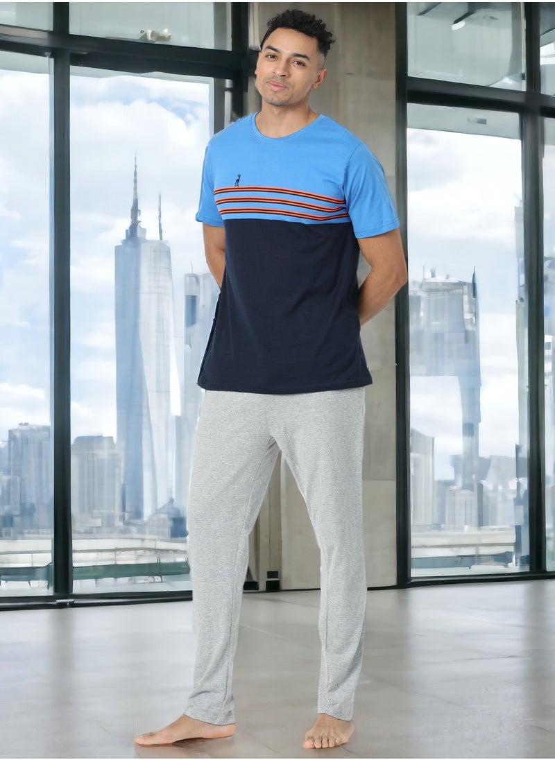victor and jane Men's Cotton Pyjama Sets with Round Neck T-shirt in Blue and Grey long pants  - Image 2