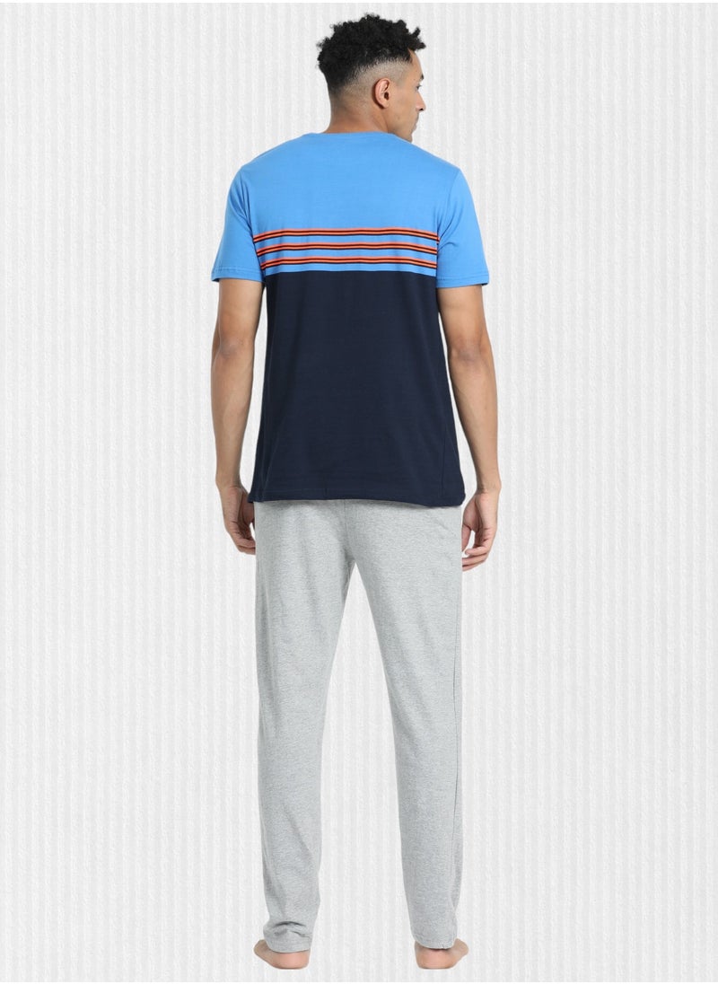 victor and jane Men's Cotton Pyjama Sets with Round Neck T-shirt in Blue and Grey long pants  - Image 3
