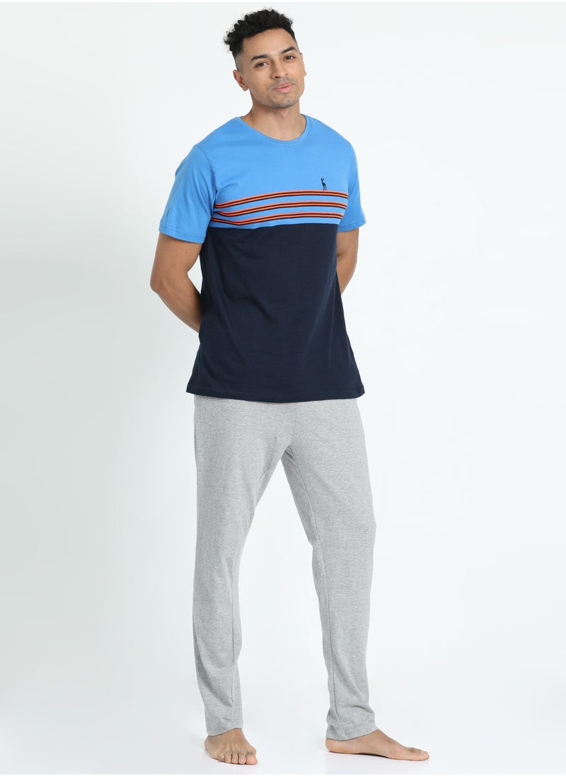 victor and jane Men's Cotton Pyjama Sets with Round Neck T-shirt in Blue and Grey long pants  - Image 1