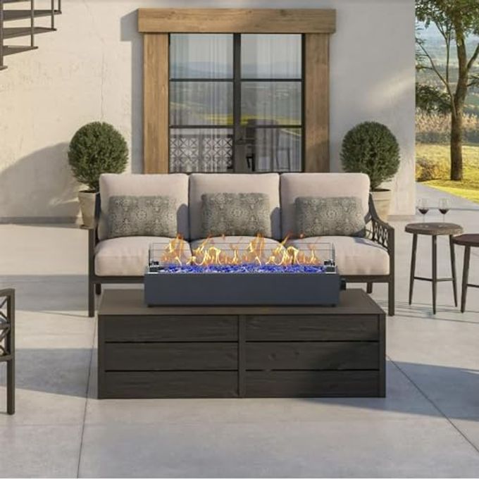 BAIDE HOME 28-Inch Table Top Propane Fire Pit, 40,000 Btu Tabletop Firepit For Patio, Outdoor Portable Rectangular Fire Bowl W/Wind Glass Shield, Glass Rocks Carbon Gray - Image 2